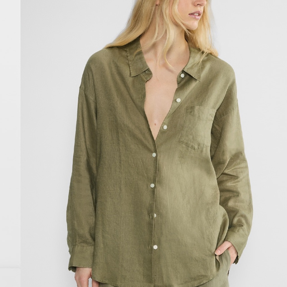 Wilfred Aritzia Olive Green Linen Button-Down Shirt Size XS